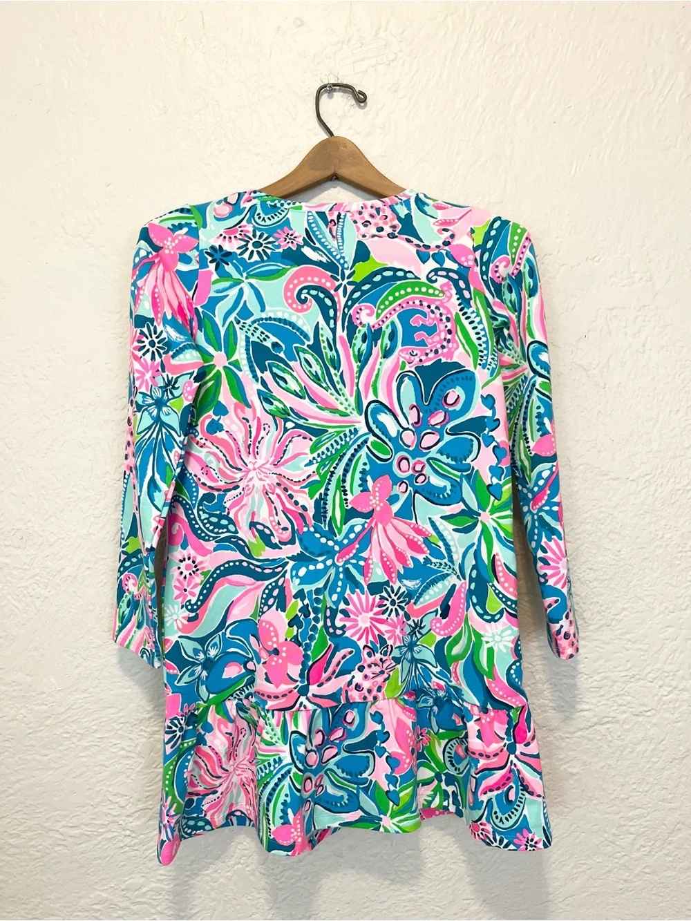 Lilly Pulitzer XL Dress Blue Pink Floral Vira Tropical Long Sleeve